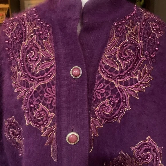 Angora blend purple beaded embroidered lined cardigan - Picture 7 of 10